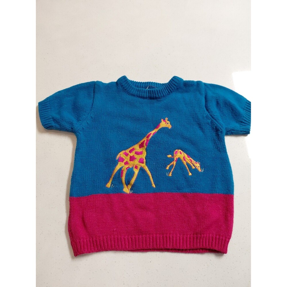 The Eagle’s Eye Blue and Pink Handknit Giraffe Sweater Girl's Size Small